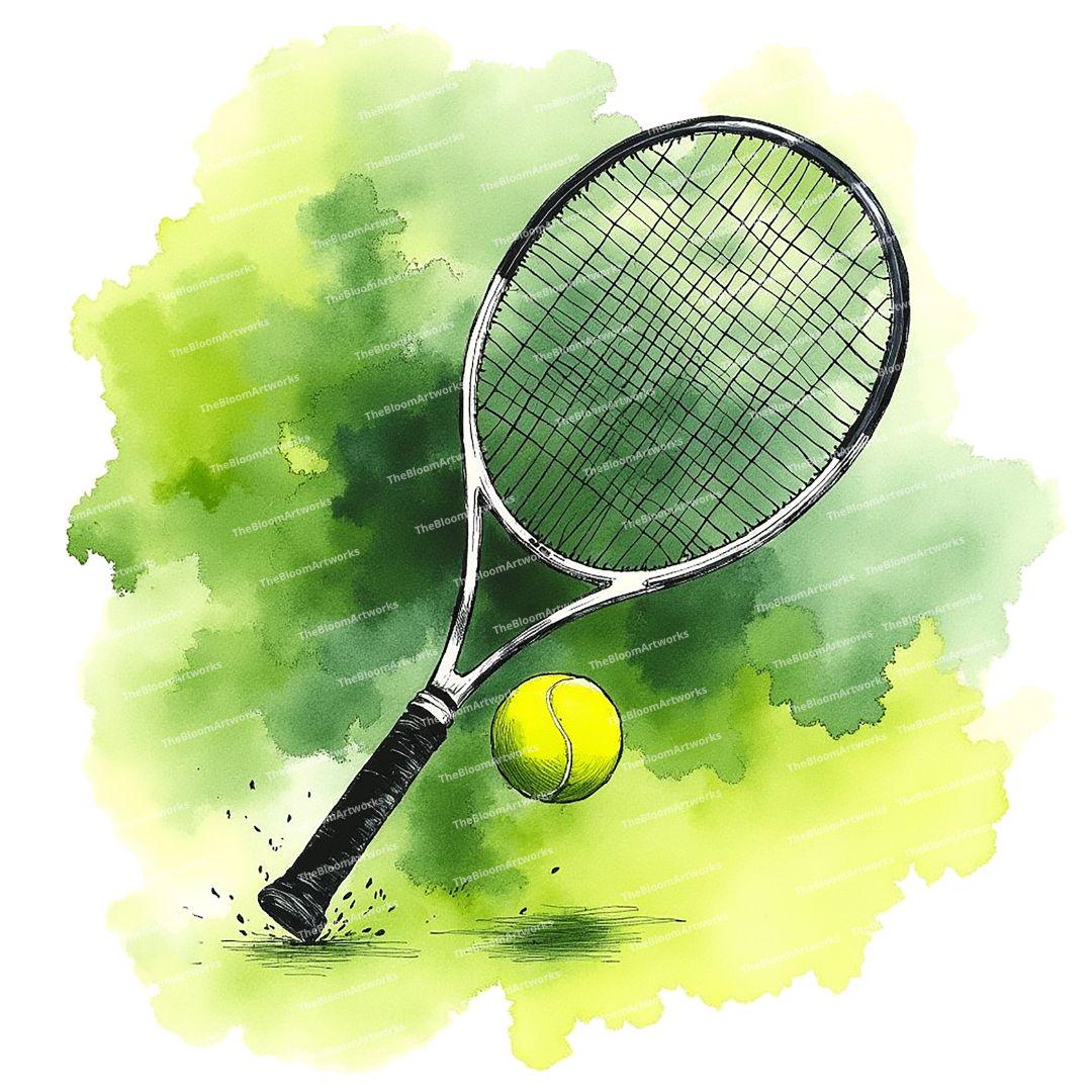 12 Tennis Clipart, Watercolor Tennis Scene, Tennis Ball and Racket ...