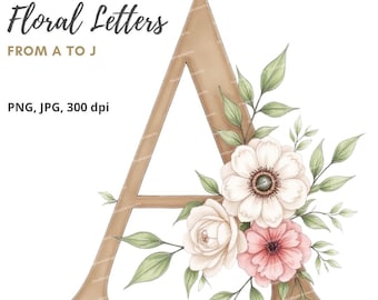 10 Watercolor Letters from A to J, Alphabet Clipart, Floral Monogram Letters, High Quality PNGs/JPG, Junk Journals Scrapbooking Invitations