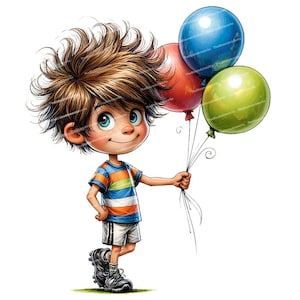 May include: A cartoon illustration of a smiling child with brown hair and blue eyes holding three balloons. The balloons are red, blue, and green. The child is wearing a striped shirt, white shorts, and sneakers. The image has a white background.