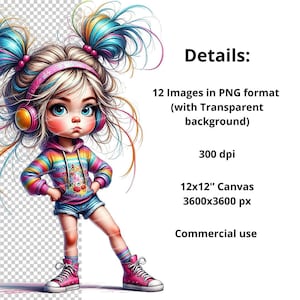 12 Whimsical Girl Clipart, Cute Cartoon Girl, Messy Hair Teen, Girl with Headphones, High Quality PNGs for Junk Journals and Card Making image 2