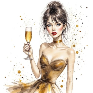 12 images de femme élégante, femme élégante avec champagne, art de fête, mode imprimable, JPG haute qualité, créations en papier, journaux intimes
