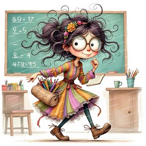 Pode incluir: Uma ilustra&ccedil;&atilde;o de desenho animado de uma menina com cabelo comprido e escuro que usa um vestido listrado colorido e &oacute;culos. Ela est&aacute; segurando um caderno e uma caixa de l&aacute;pis cheia de l&aacute;pis de cor. Ela est&aacute; caminhando para longe de um quadro-negro com equa&ccedil;&otilde;es matem&aacute;ticas escritas nele. O quadro-negro &eacute; verde e tem uma borracha rosa no canto superior direito.
