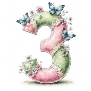 May include: A whimsical illustration of the number three, rendered in pink and green with a textured appearance. Delicate butterflies and small flowers adorn the number, creating a charming and decorative design. The number is embellished with lace.