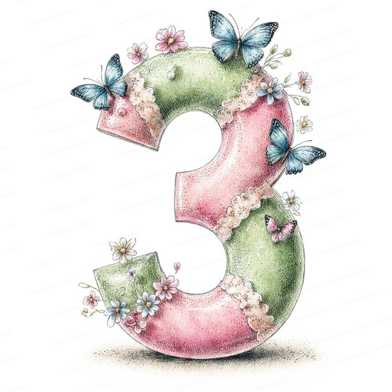 May include: A whimsical illustration of the number three, rendered in pink and green with a textured appearance. Delicate butterflies and small flowers adorn the number, creating a charming and decorative design. The number is embellished with lace.
