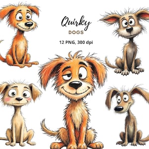 12 Lustige Hunde Clipart, Schrullige Hundeillustrationen, Süßer Cartoon Hund, Hochwertige PNGs, Sublimationsdesign, Clip Art für Karten, Einladungen