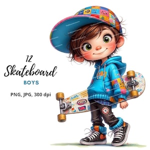 12 Skater Boy Clipart, Cute Cartoon Kid on Skateboard, Birthday Party Art, High Quality PNG/JPG for Junk Journaling Scrapbooking Card Making