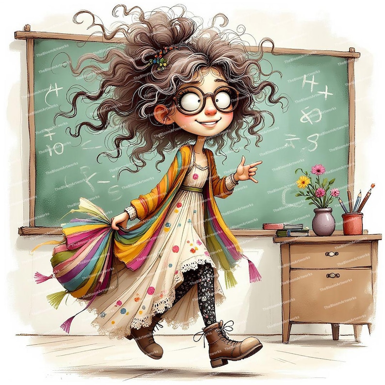 Pode incluir: Uma ilustra&ccedil;&atilde;o de desenho animado de uma menina com cabelo castanho encaracolado usando um vestido colorido e um casaco amarelo. Ela est&aacute; em p&eacute; na frente de um quadro-negro com equa&ccedil;&otilde;es matem&aacute;ticas escritas nele. A menina est&aacute; sorrindo e apontando para o quadro-negro.