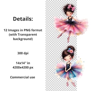 12 Whimsical Ballerina Clipart, Watercolor Ballet Girl, Quirky Girl, Ballet Clipart, High Quality PNG for Junk Journaling, DIY Card Making image 3