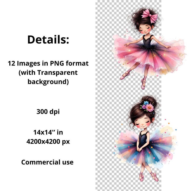 12 Whimsical Ballerina Clipart, Watercolor Ballet Girl, Quirky Girl, Ballet Clipart, High Quality PNG for Junk Journaling, DIY Card Making image 3