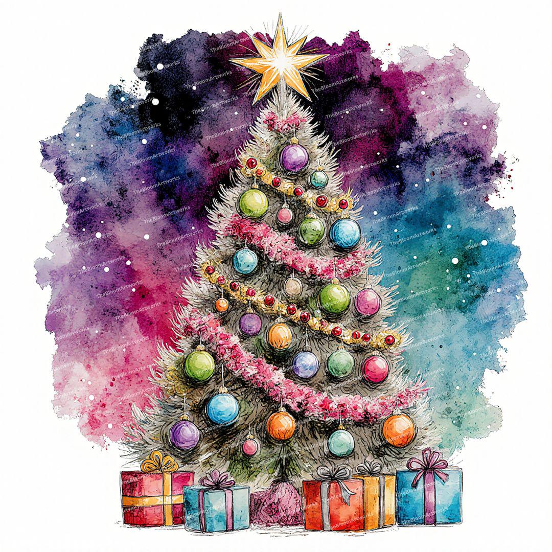 クリスマスツリーのクリップアート12点、水彩画のクリスマスツリー