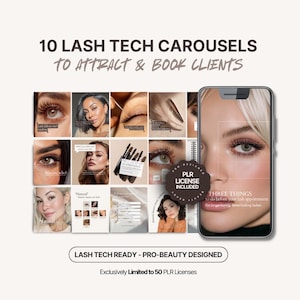 May include: A digital marketing graphic with the text "10 LASH TECH CAROUSELS TO ATTRACT & BOOK CLIENTS." The image includes a smartphone displaying lash extension information, and a collage of lash-related images.