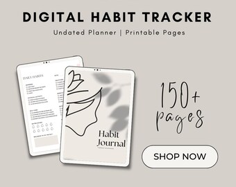 Può includere: Un tracker di abitudini digitale con oltre 150 pagine. La copertina presenta un disegno in bianco e nero di un viso con ombre. Il testo "Habit Journal" è stampato sulla copertina. Il testo "150+ pagine" e "ACQUISTA ORA" è stampato su uno sfondo grigio.