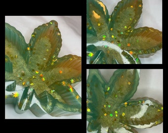 Green Gold Confetti Glitter Resin Weed/Pot Leaf Ashtray Novelty