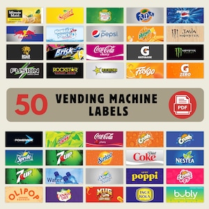 50 Etiketten für Verkaufsautomaten, hochwertige Etiketten, Etiketten für Sprudelwasser und Soda Pop, Etiketten für Automaten für alkoholfreie Getränke, Etiketten für Getränkeautomaten
