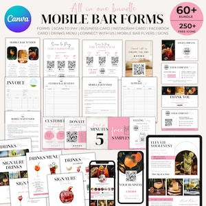 May include: A collection of pink and white mobile bar forms, including a drinks menu, a scan to pay form, a connect with us form, and a thank you card. The forms feature a variety of designs, including a cocktail glass, a QR code, and a logo. The text "All in one bundle" and "Mobile Bar Forms" is at the top of the image. The text "60+ Bundle" and "250+ Free Icons" is at the top right of the image.