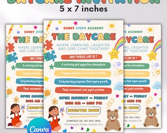 May include: Daycare invitation design, 5 x 7 inches. Features colorful text and graphics, including stars, rainbows, and teddy bears. Includes information about the daycare's programs and contact details. Designed with Canva.