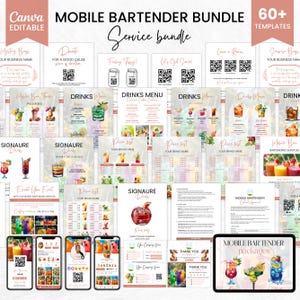 May include: A digital Canva template bundle for mobile bartenders, with over 60 editable templates. Includes drink menus, price lists, signature drink designs, and promotional materials. The bundle showcases colourful cocktail illustrations and is designed for service businesses.