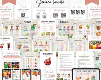 May include: A digital Canva template bundle for mobile bartenders, featuring over 60 editable templates. Includes drink menus, price lists, signature drink designs, and promotional materials. The bundle showcases colorful cocktail illustrations and is designed for service businesses.
