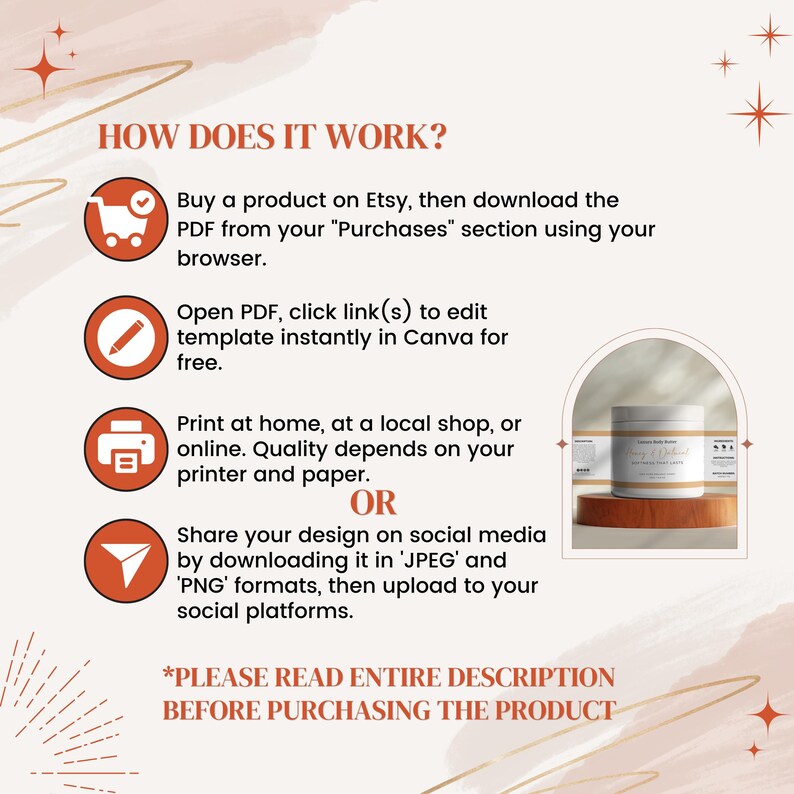 May include: How to use a printable template: Buy a product on Etsy, download the PDF, edit in Canva, print at home or a local shop, or share your design on social media. *PLEASE READ ENTIRE DESCRIPTION BEFORE PURCHASING THE PRODUCT*