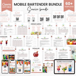 May include: A Canva-editable mobile bartender service bundle with over 60 templates. The bundle includes drink menus, order forms, and marketing materials. The design features a pink and white color scheme with images of cocktails and mobile devices.