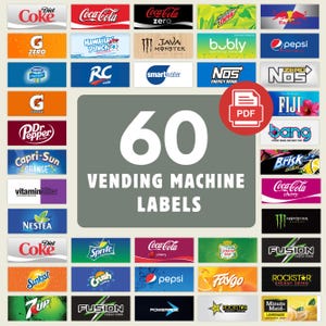 60 Etiketten für Verkaufsautomaten, hochwertige Etiketten, Etiketten für Sprudelwasser und Soda Pop, Etiketten für Automaten für alkoholfreie Getränke, Etiketten für Getränkeautomaten