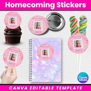 May include: A collection of pink Homecoming stickers, a button, a notebook, and lollipops. Each sticker features a photo of a young woman and the text "Homecoming Queen Girls" and "Lila Grace 2025". The notebook has a marbled design.