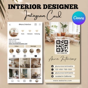 Carte de visite Instagram pour décorateur d'intérieur, modèle de cartes Instagram, carte de visite avec code QR, carte de visite IG, modèle canva