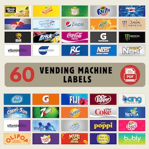 60 Etiketten für Verkaufsautomaten, hochwertige Etiketten, Etiketten für Sprudelwasser und Soda Pop, Etiketten für Automaten für alkoholfreie Getränke, Etiketten für Getränkeautomaten