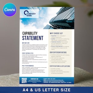 Énoncé de capacité d'entreprise, Flyer d'entreprise, Modèle modifiable de déclaration de capacité, Modèle de flyer de présentation de l'entreprise, Modèle Canva
