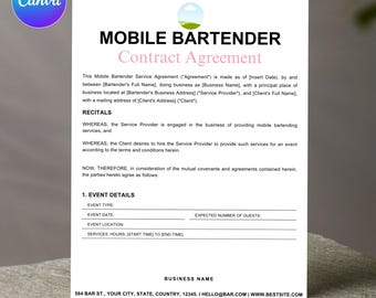 Mobile Bar Vertragsvorlage. Barkeeper-Vereinbarung, Barkeeper-Servicevertrag, Mobile Bar Event, Hochzeit Mobile Bar, Canva Template