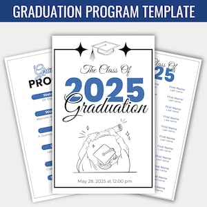 Sjabloon afstudeerprogramma 2025, bewerkbare ceremoniekaart 2025, klas van 2025, afstudeerprogramma middelbare school en universiteit, direct downloaden