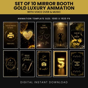 Pode incluir: Um conjunto de 10 modelos de animação de cabine de espelho dourado e preto. Cada modelo apresenta detalhes dourados e texto, incluindo "Your Photo Is Now Printing", "The Mirror Loves You" e "Strike a Pose". O tamanho do modelo de animação é 1080 x 1920 px.