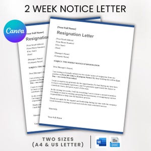 2 Weeks Notice Letter, Two Weeks Notice Letter, Professional Notice Letter, Google Docs Word Canva  Notice Letter, Resignation Template