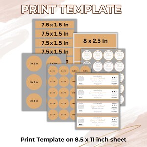 May include: Printable template for creating labels for body butter jars. The template includes labels in various sizes, including 3x3 inches, 2x2 inches, 7.5x1.5 inches, and 8x2.5 inches. The template also includes text for the labels, such as "Honey & Natural", "Cinnamon & Creme", and "Toffee & Almond". The template is designed to be printed on an 8.5x11 inch sheet of paper.