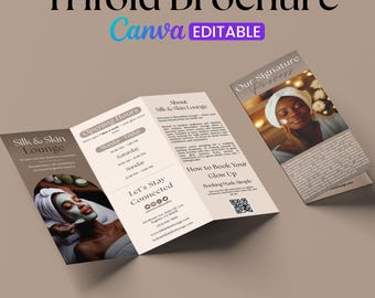 May include: A trifold brochure for Silk & Skin Lounge, featuring a beige and brown color scheme. The brochure includes the text "Canva EDITABLE", opening hours, and information about the lounge. It is available in A4 and US Letter sizes.