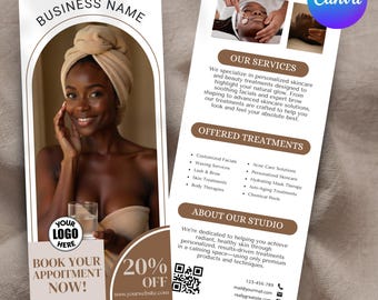 May include: A spa business advertisement featuring a woman with a towel on her head, holding a glass of water. The flyer includes the business name, logo placeholder, and offers 20% off. Services include facials, waxing, and skin treatments.
