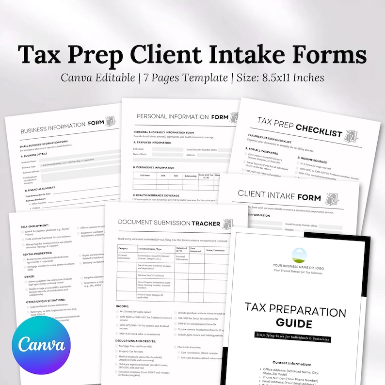 Tax Client Intake Form Bundle Canva | Tax Preparer Contract Checklist ...