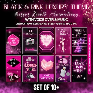 Mirror Booth Animations, Pink & Black Animations, Touch to Start, Countdown, Pose, Love, Compliment, Photo Booth Magic Mirror Pink Animation