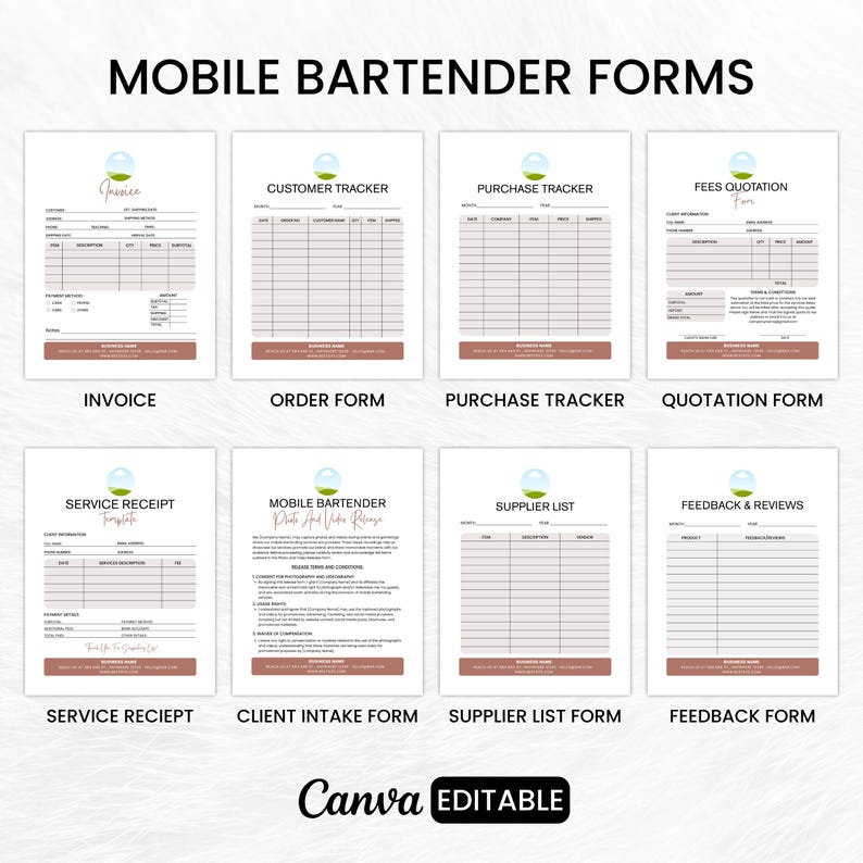 Mobile Bar Business Bundle Canva | Bartender Contract Invoice Menu Kit ...