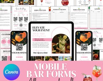 May include: A pink and white graphic design with the text "Mobile Bar Forms All in one bundle 60+ Template" and the text "Canva 250+ Free Icons". The design features images of cocktails and a QR code.