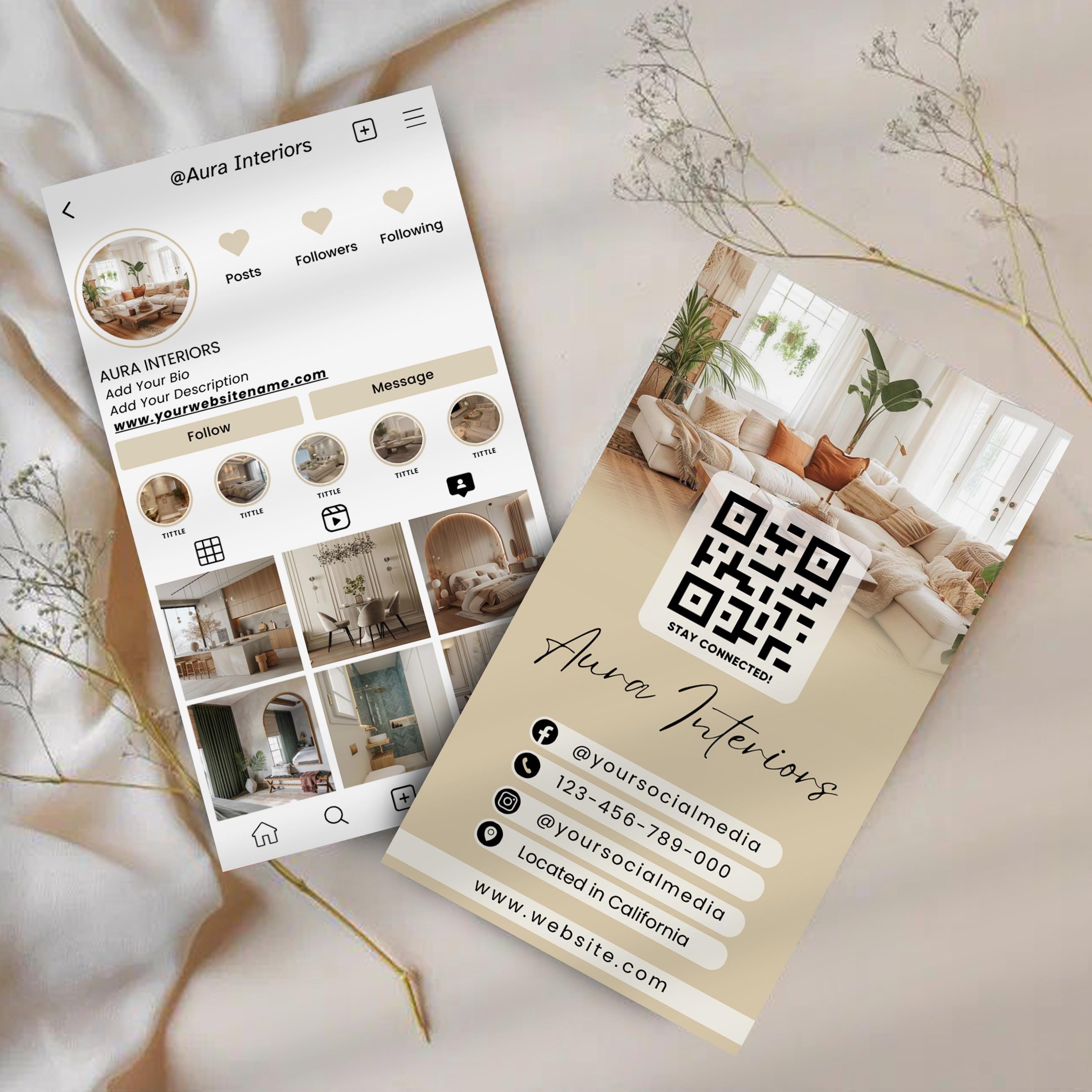 Instagram Business Card For Interior Designer, Instagram Cards Template, QR Code Business Card, IG Business Card, Canva Template
