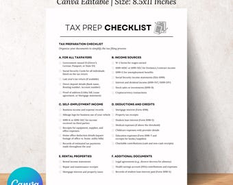 Pode incluir: Uma lista de verificação branca para preparação de impostos com texto preto, intitulada "Tax Prep Checklist". A lista inclui seções para preparação de impostos, fontes de renda, deduções e documentos adicionais. O tamanho é 21,6 x 27,9 cm.
