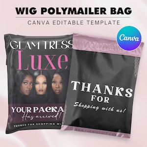 Könnte beinhalten: Schwarzer Polymailer-Beutel mit einem rosa Streifen und dem Text "GLAM TRESS Luxe" auf der Vorderseite. Die Rückseite des Beutels trägt den Text "THANKS FOR Shopping with us!" und "WWW.THEWIGLOFT.COM".