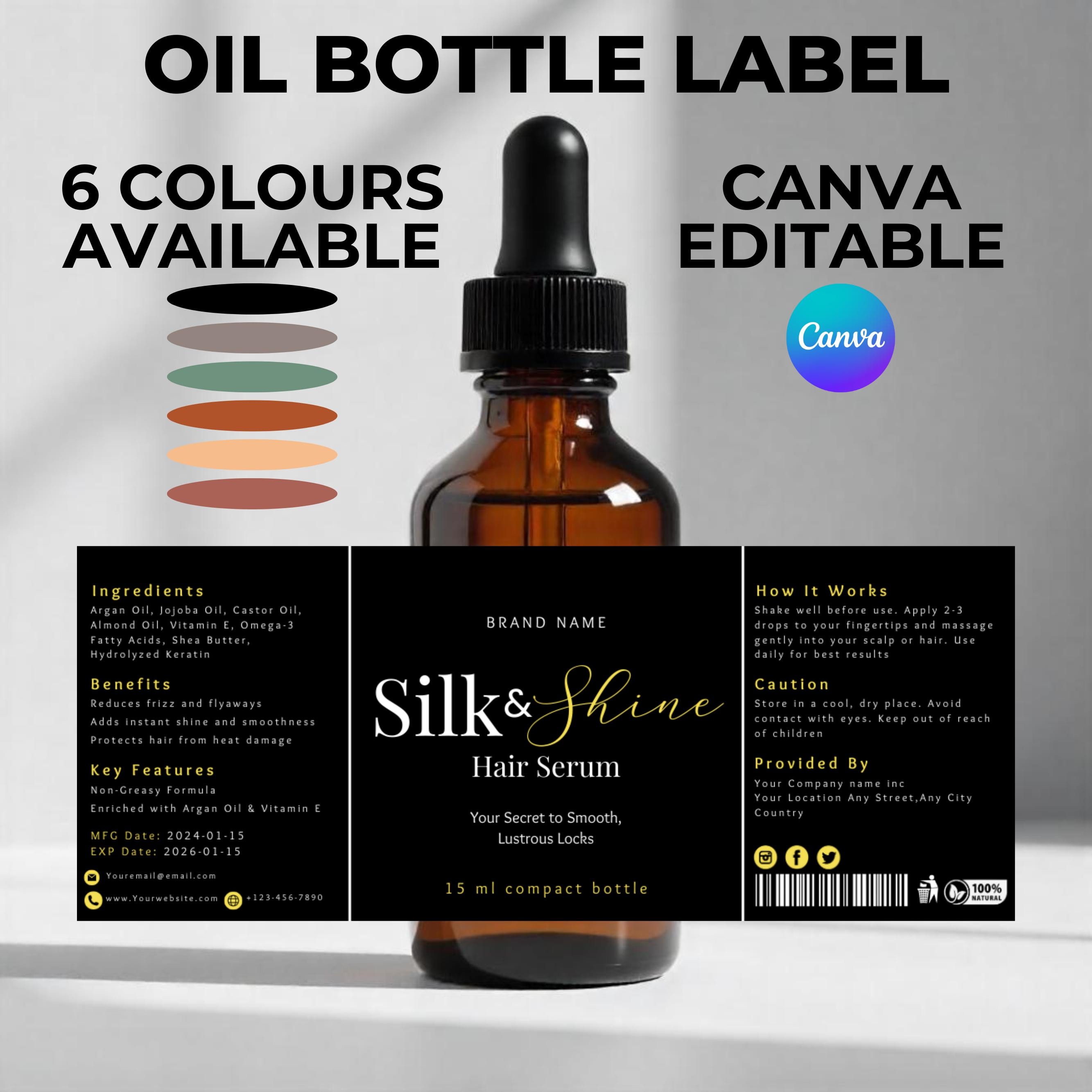 Oil Bottle Labels. Body Oil Bottle Labels, Editable Product Label, Essential Oil Bottle Label, 6 Colors, 1oz 2oz 4oz, Canva Template