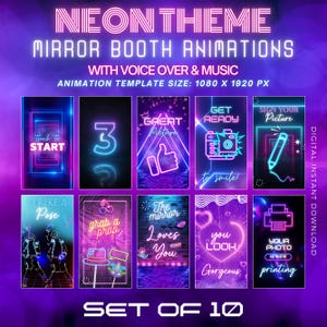 以下が含まれることがあります： 音声と音楽付きのネオンテーマのミラーブースアニメーション10個セット。アニメーションには、「タッチして開始」、「素晴らしい写真」、「笑顔の準備を」、「ポーズをとる」、「小道具を取る」、「鏡はあなたを愛しています」、「あなたは素敵に見えます」、「あなたの写真は印刷中です」などのフレーズが含まれています。