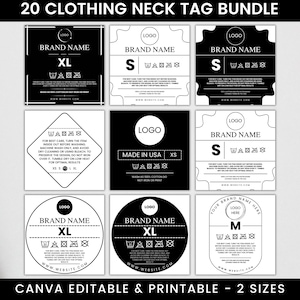 Pacchetto di etichette per abbigliamento modificabili, etichette personalizzate per magliette, etichette per la cura dei capi, etichette per abbigliamento, etichette con istruzioni di lavaggio, modello Canva