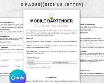 Mobile Bar Vertragsvorlage. Barkeeper-Vereinbarung, Barkeeper-Servicevertrag, Mobile Bar Event, Hochzeit Mobile Bar, Canva Template