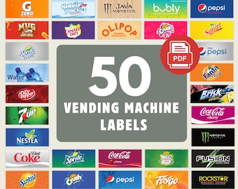 50 Vending Machine Label, High Quality Labels, Sparkling Water and Soda Pop Labels, Soft Drinks Vending Machine Labels, Drink Machine Labels