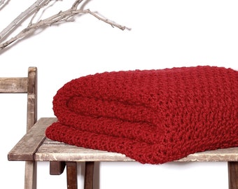 COZY handmade crochet blanket CHERRY RED beautifully handmade hand knit blanket crochet throw oversized accent lap throw interior design