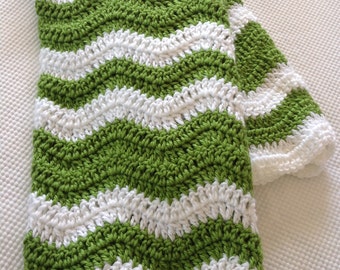 Ready to Ship Soft and Cozy Striped Guacmole and white wave Baby Blanket - Beautiful and Luxuriously Handcrafted CROCHET Blanket